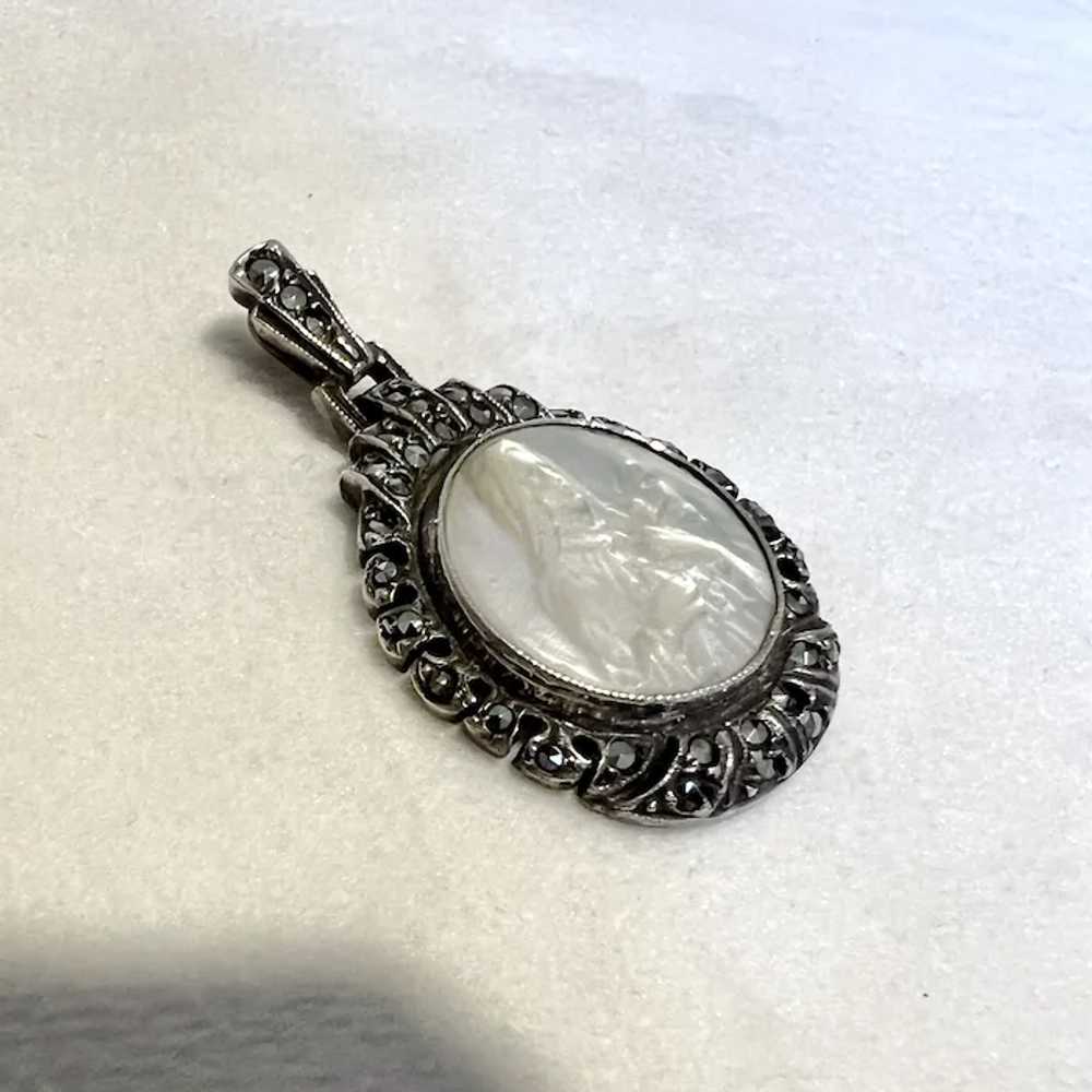 Art Deco Carved Mother of Pearl Virgin Mary Pende… - image 5