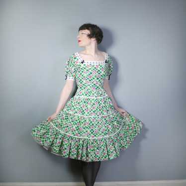 50s GREEN FLORAL CHECK DRESS WITH TIERED FULL SKI… - image 1
