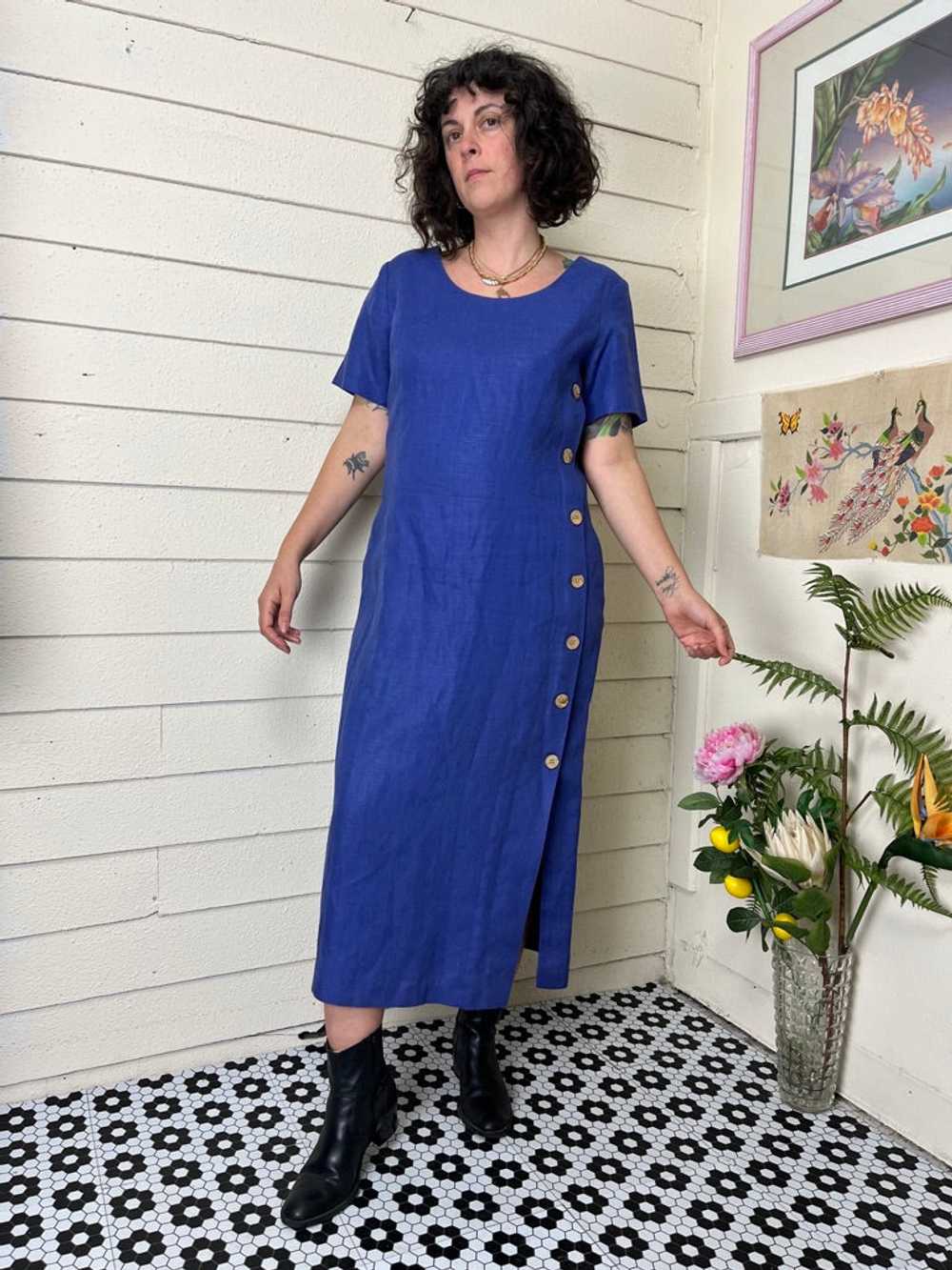 1990s NY SAKE PURPLE LINEN BUTTON SIDE MAXI DRESS - image 1