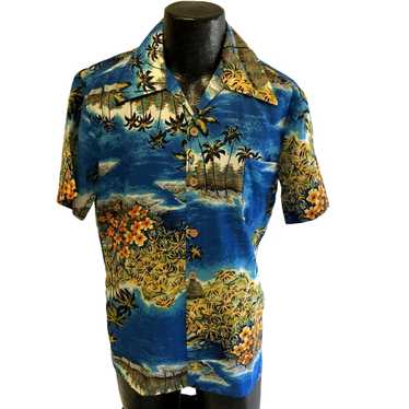 Unkwn 70's Blue HAWAIIAN Yellow FLORAL Hawaii Isl… - image 1