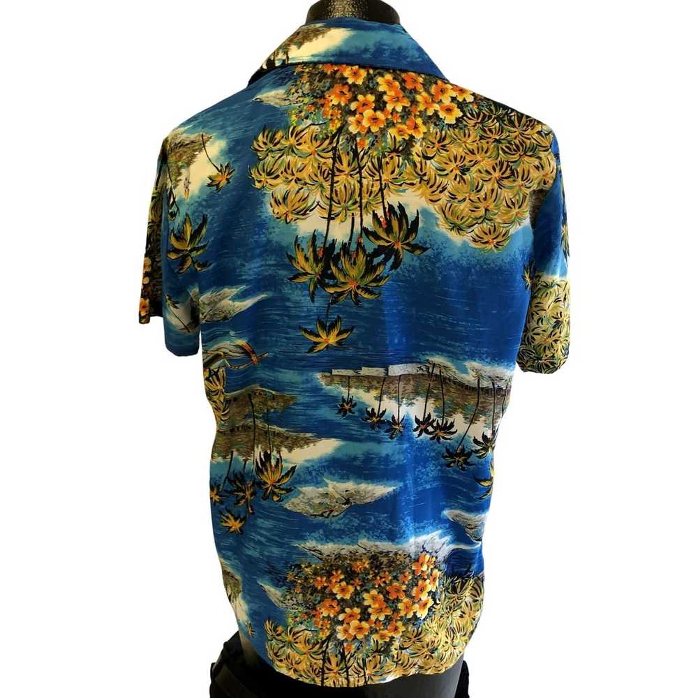 Unkwn 70's Blue HAWAIIAN Yellow FLORAL Hawaii Isl… - image 2