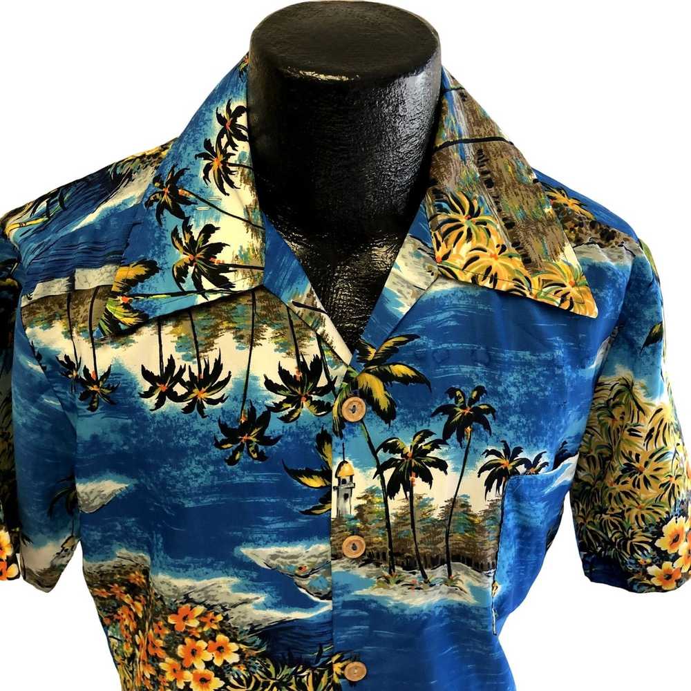 Unkwn 70's Blue HAWAIIAN Yellow FLORAL Hawaii Isl… - image 3