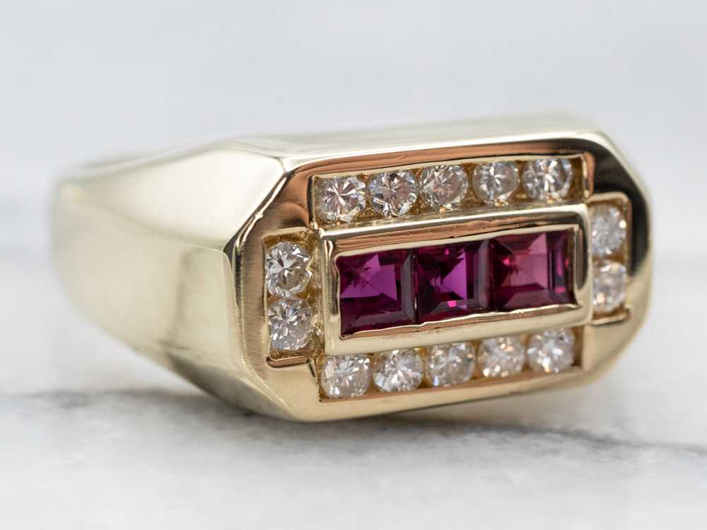 Vintage Synthetic Ruby and Diamond Halo Ring - image 1