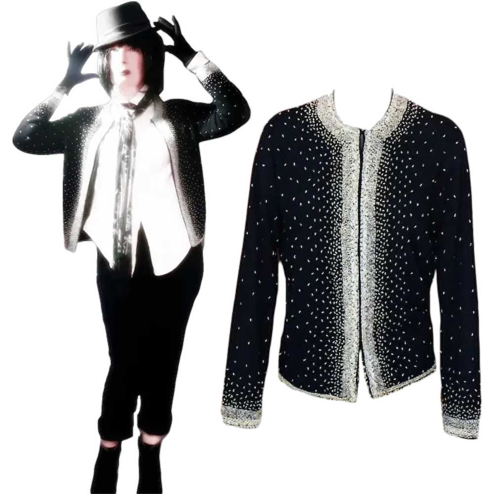 Black Beaded Sweater, Wool Cardigan - image 1