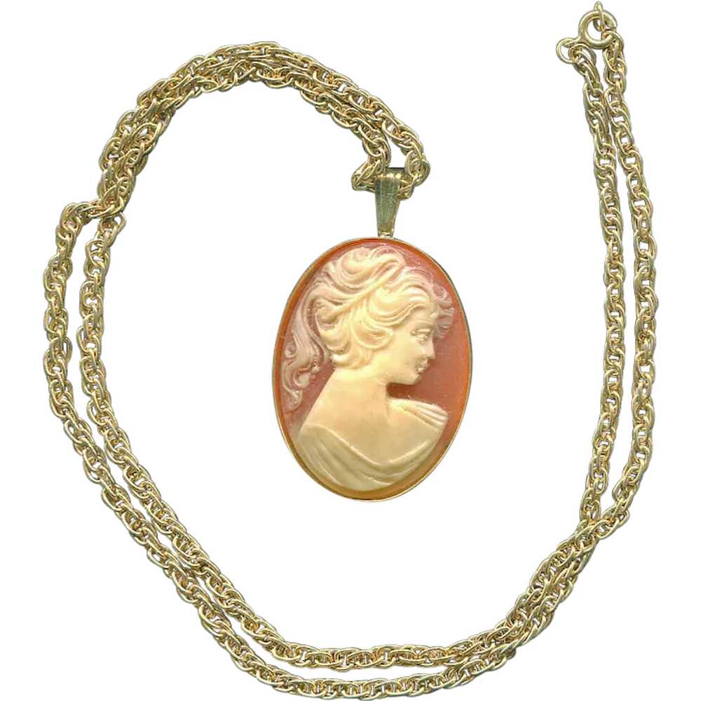 Plastic Cameo in Gold Tone Metal Frame and Chain … - image 1
