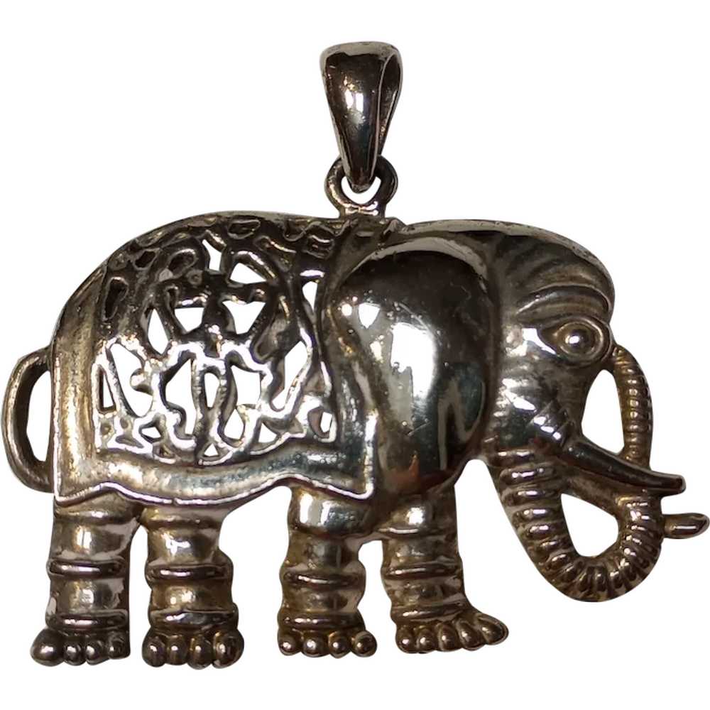 Sterling silver lucky elephant pendant trunk up o… - image 1