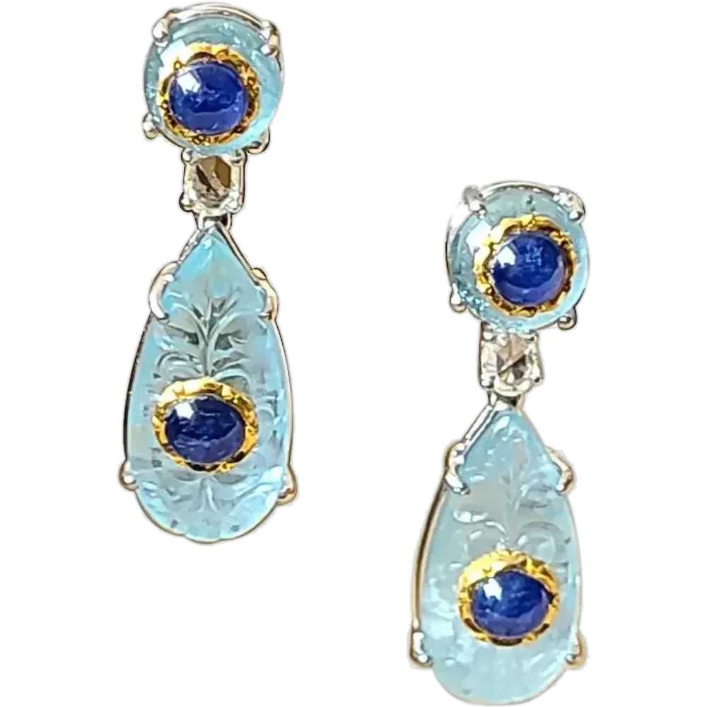 Natural Aquamarine and Burma Blue Sapphire Earrin… - image 1