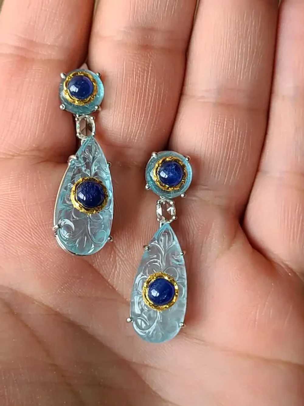 Natural Aquamarine and Burma Blue Sapphire Earrin… - image 2