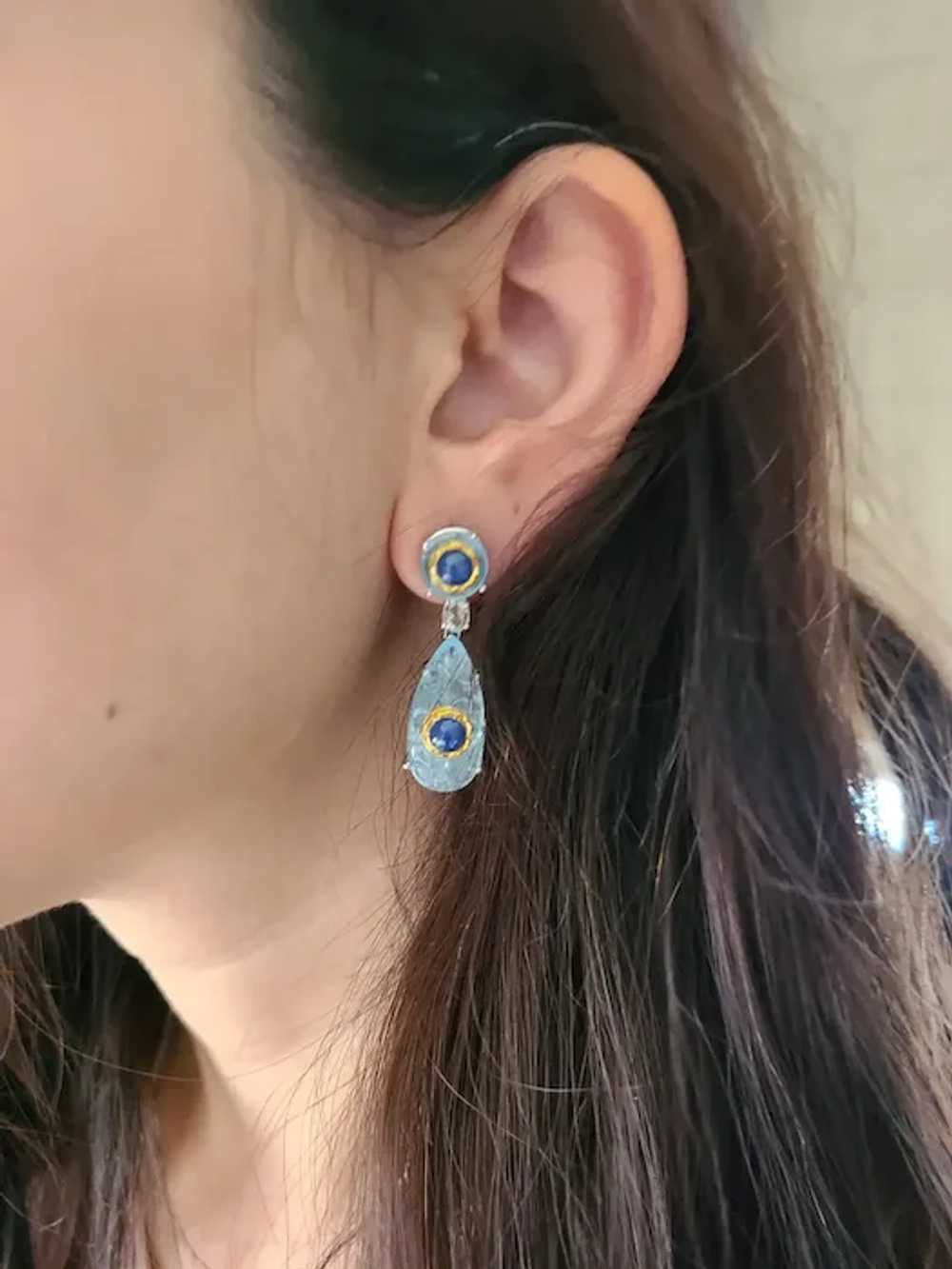 Natural Aquamarine and Burma Blue Sapphire Earrin… - image 3
