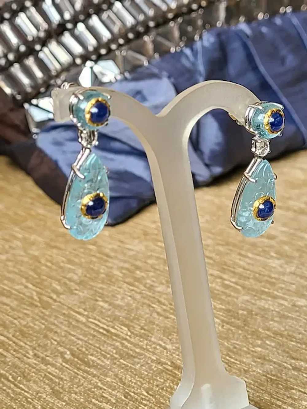 Natural Aquamarine and Burma Blue Sapphire Earrin… - image 5