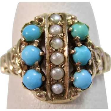 Antique Victorian Turquoise Seed Pearl Ring 14K