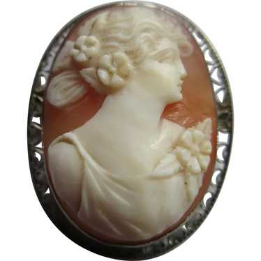 Art Deco Era 14K White Gold Carved Shell Cameo Pin - image 1