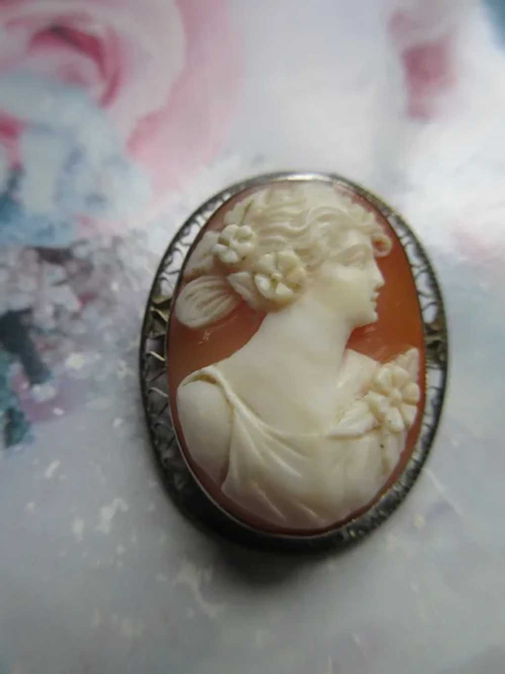 Art Deco Era 14K White Gold Carved Shell Cameo Pin - image 3