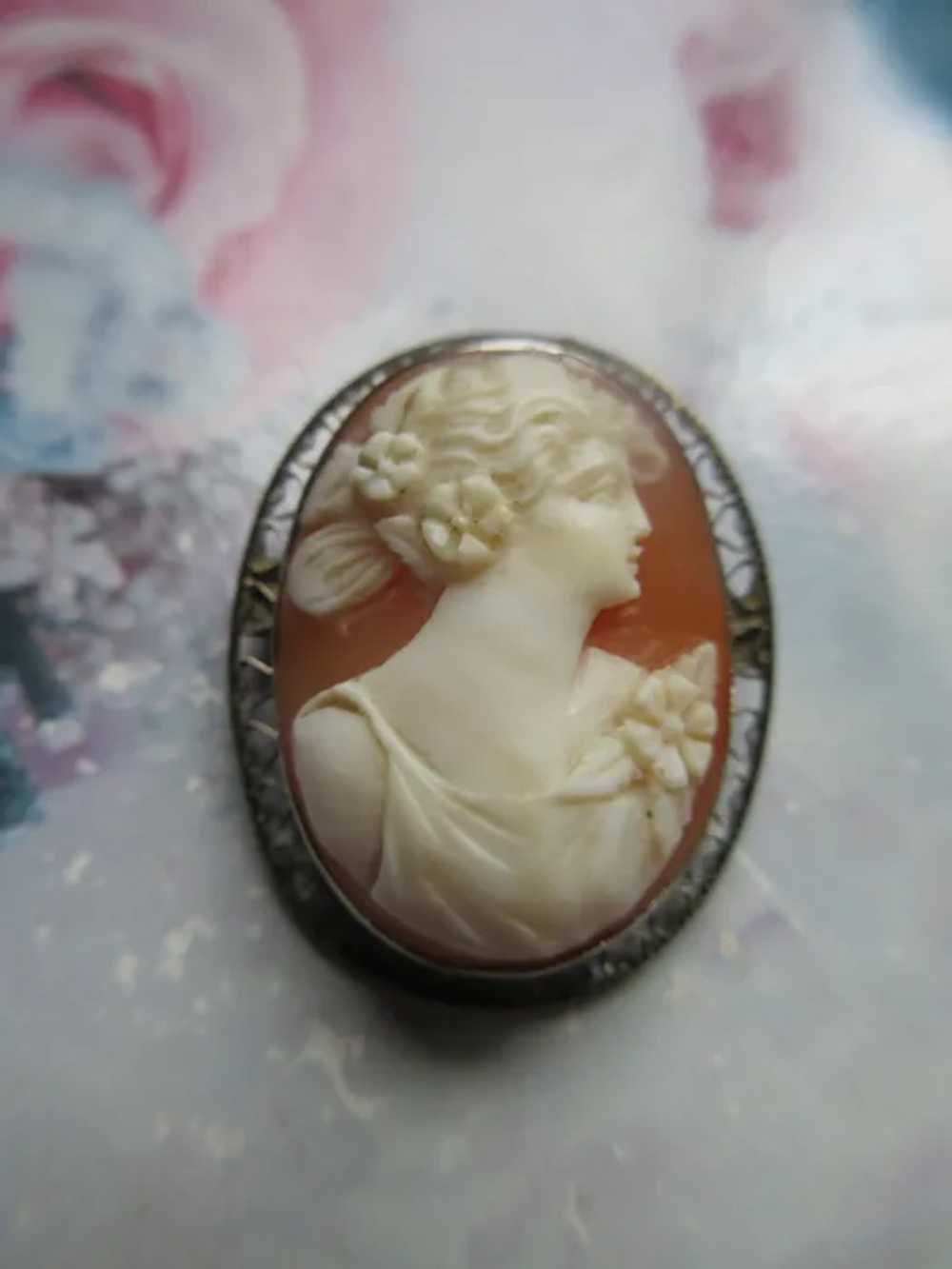 Art Deco Era 14K White Gold Carved Shell Cameo Pin - image 4