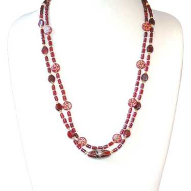 Burgundy Red Vintage Glass Double Strand Necklace - image 1
