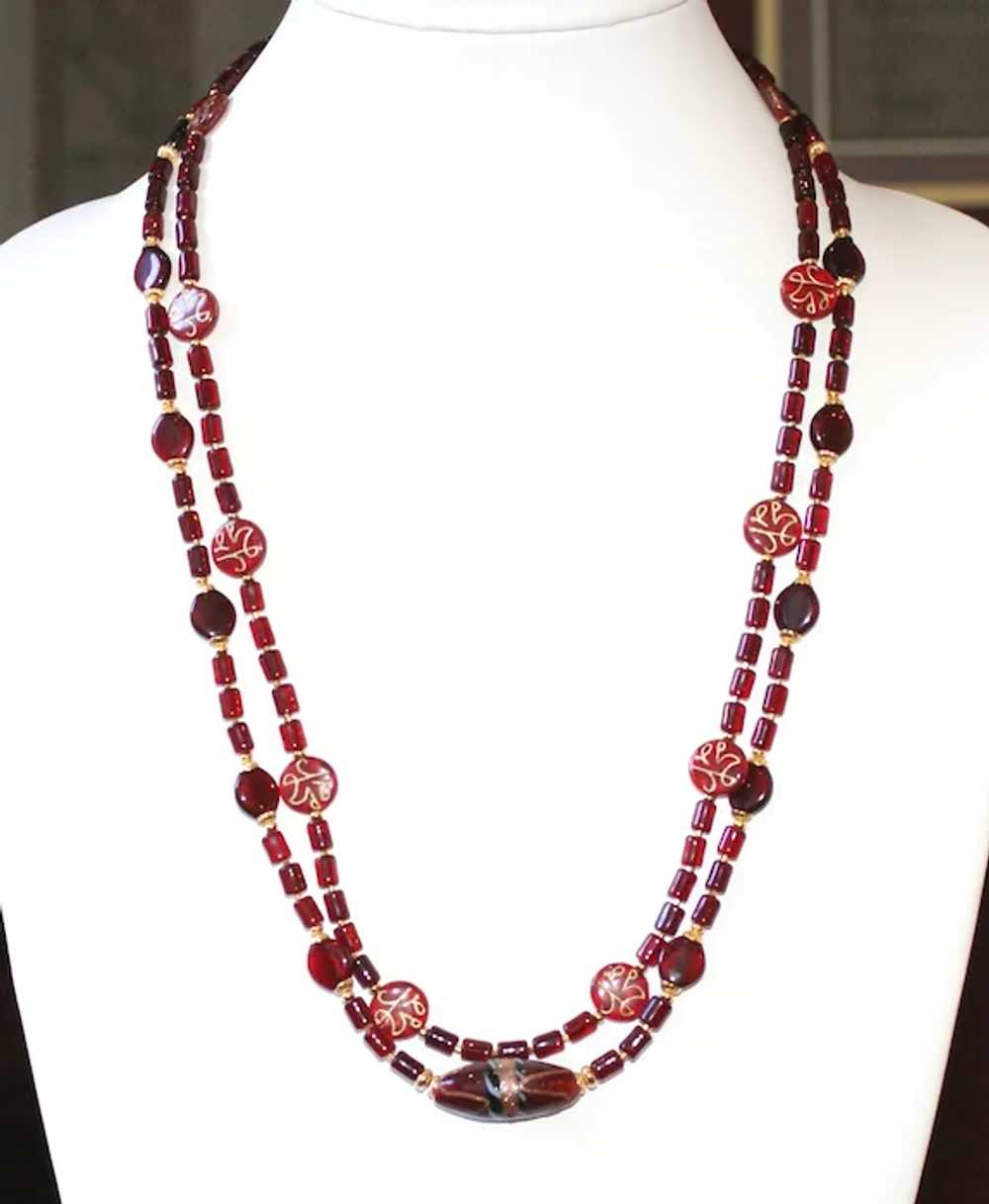Burgundy Red Vintage Glass Double Strand Necklace - image 2