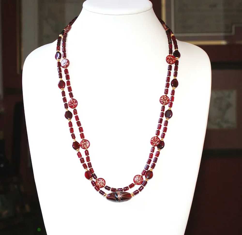 Burgundy Red Vintage Glass Double Strand Necklace - image 3