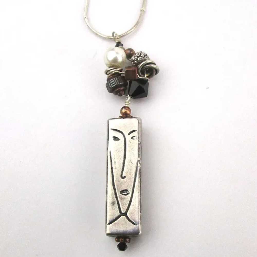 Sterling Silver Tube Necklace Faces - Etched Man … - image 2