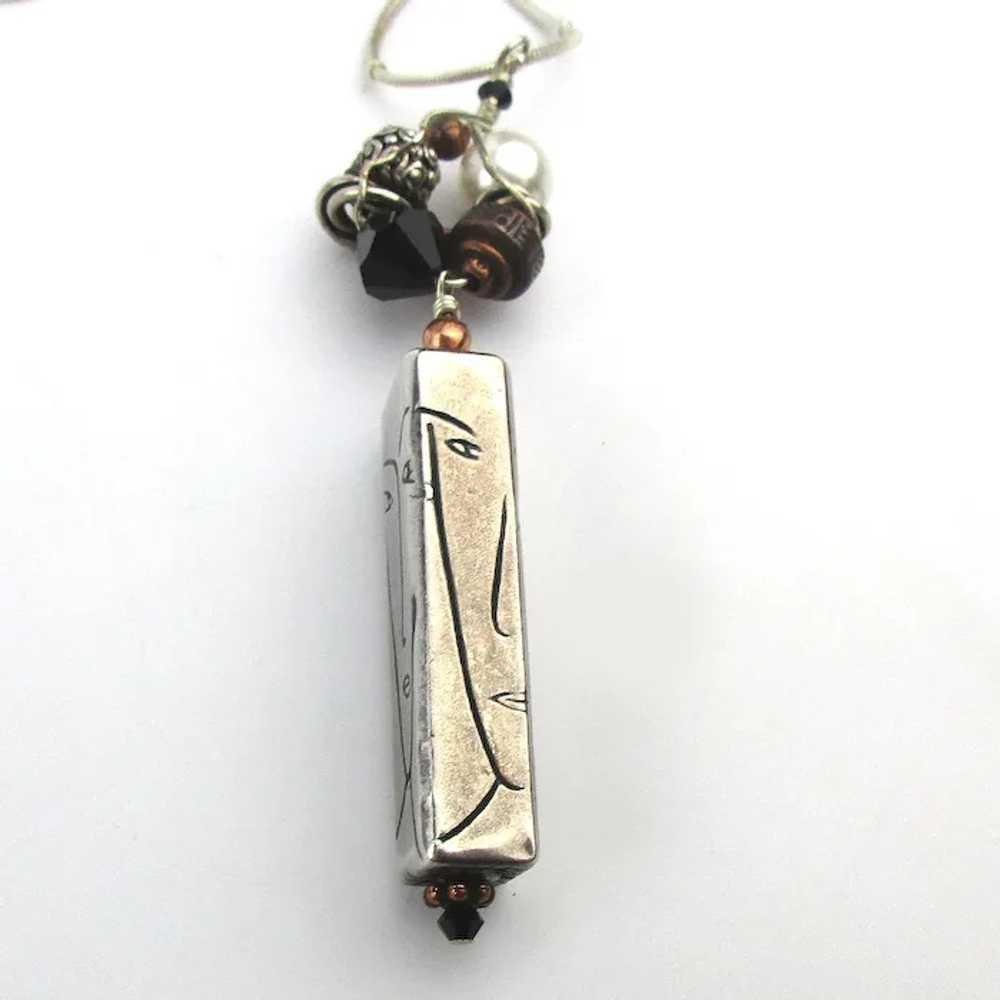 Sterling Silver Tube Necklace Faces - Etched Man … - image 6