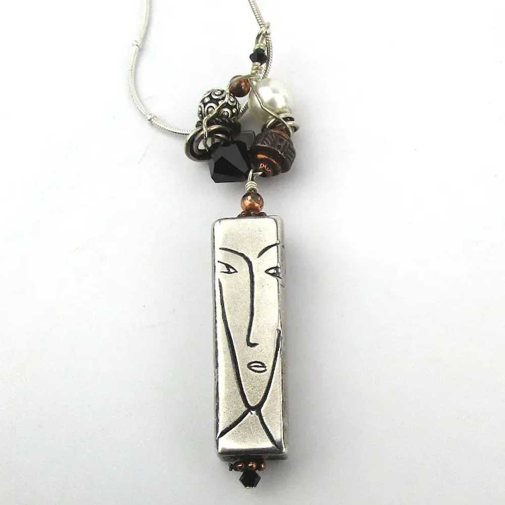 Sterling Silver Tube Necklace Faces - Etched Man … - image 7