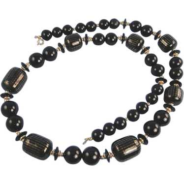 Long Bead Necklace Black and Gold Vintage - image 1
