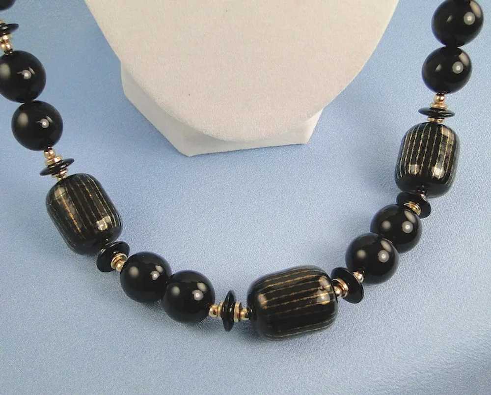 Long Bead Necklace Black and Gold Vintage - image 4