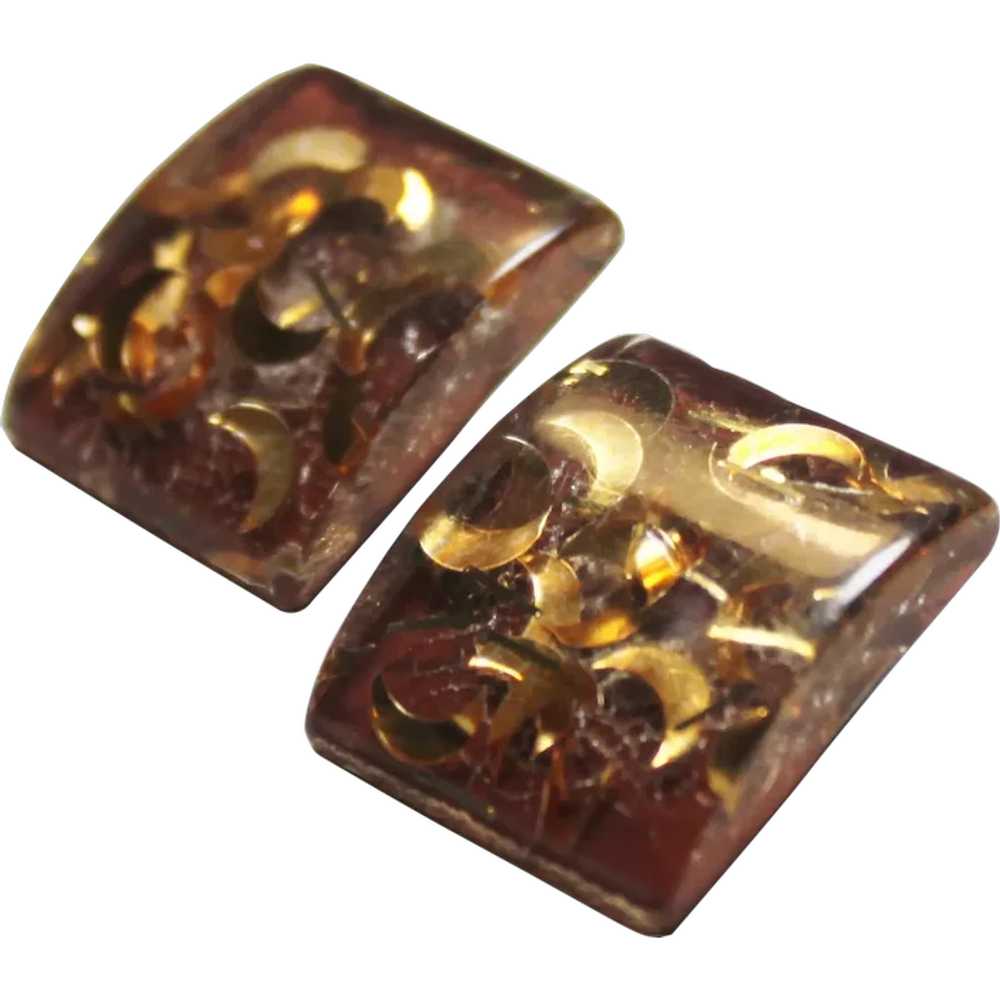 Vintage Earrings Confetti Lucite Gold Tinsel Moon… - image 1