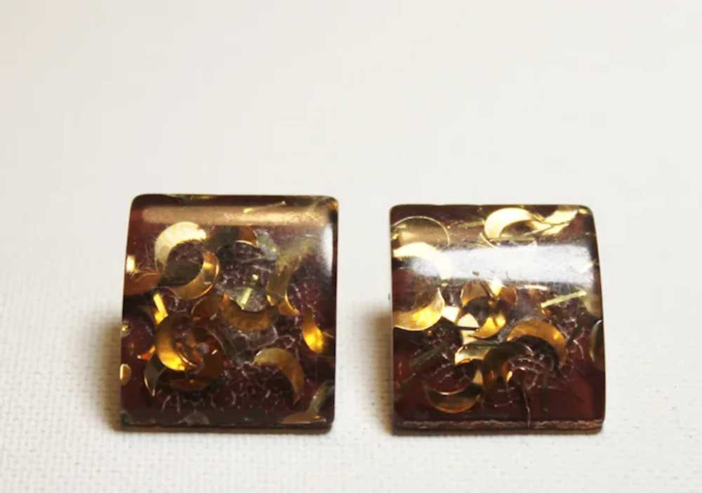 Vintage Earrings Confetti Lucite Gold Tinsel Moon… - image 2