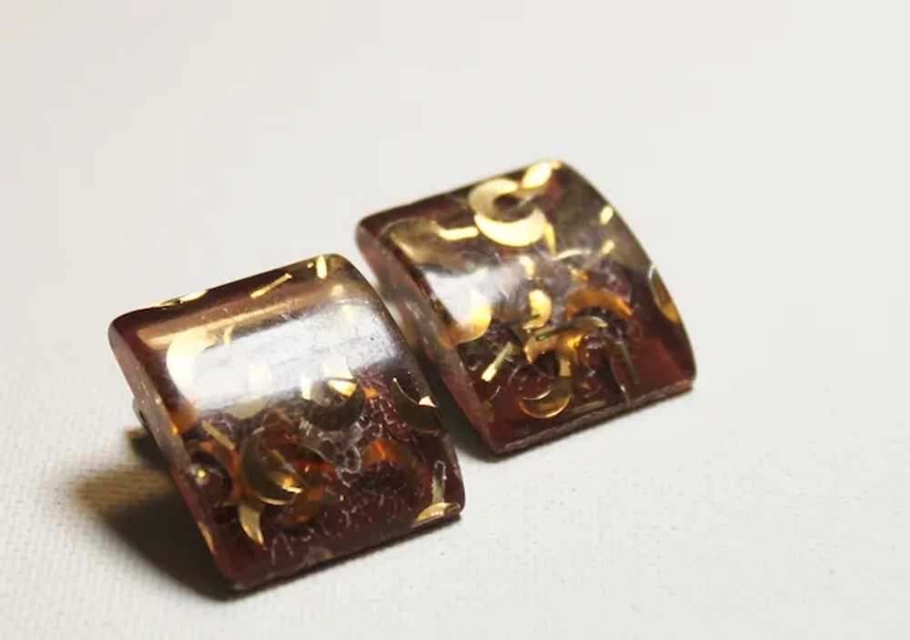 Vintage Earrings Confetti Lucite Gold Tinsel Moon… - image 3