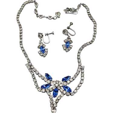 VINTAGE  50'S  Blue and Clear Rhinestone Necklace… - image 1