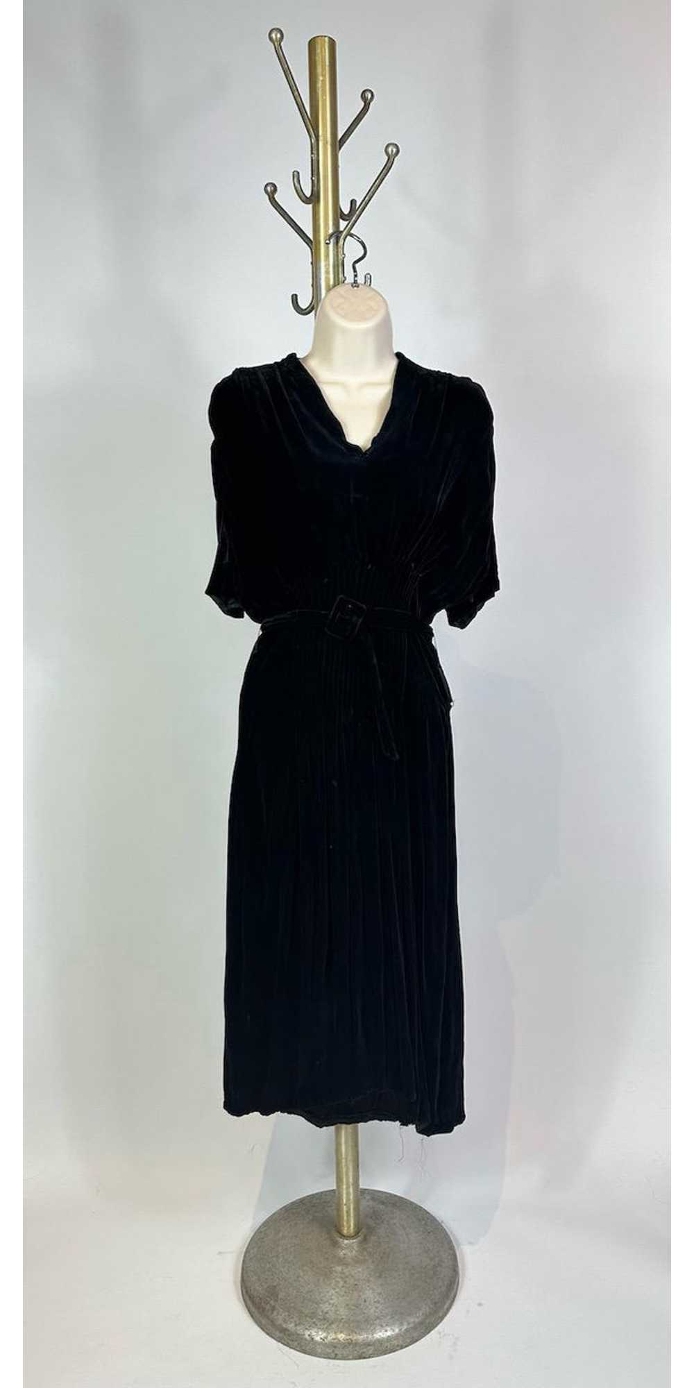 1930s - 1940s Black Silk Velvet Pintucked Dress - image 1