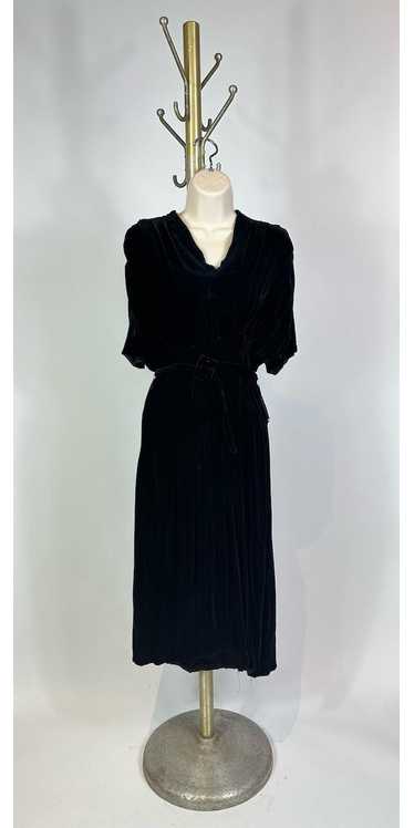 1930s - 1940s Black Silk Velvet Pintucked Dress - image 1