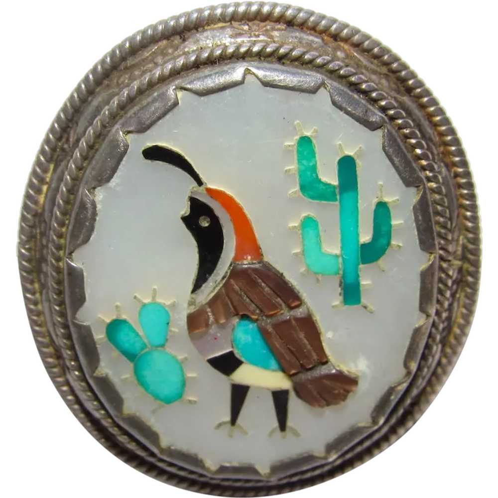 Old Pawn Zuni Inlay Quail Cactus Pin Brooch Pendant S… - Gem