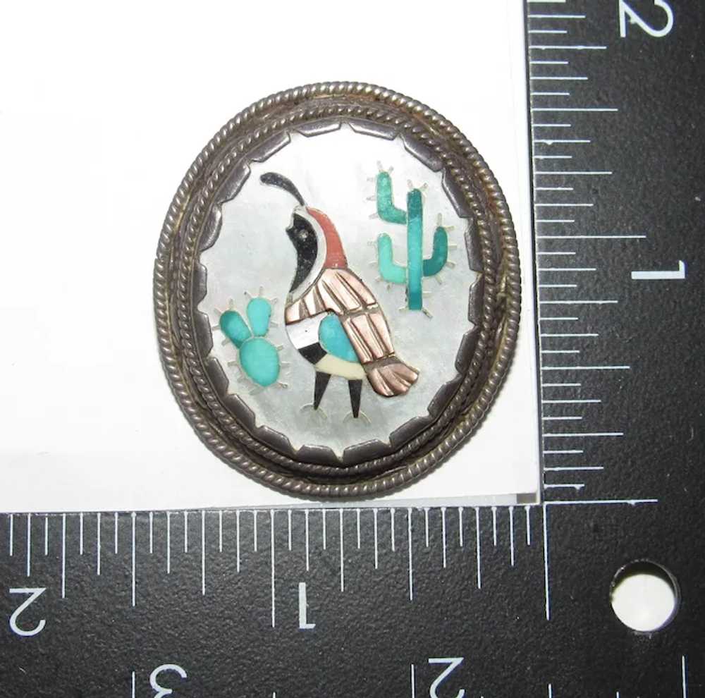 Old Pawn Zuni Inlay Quail Cactus Pin Brooch Pendant S… - Gem