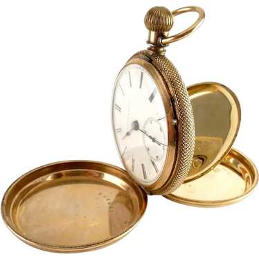 1885 Elgin Railroad 18s Pocket Watch, 8k Gold Eng… - image 1