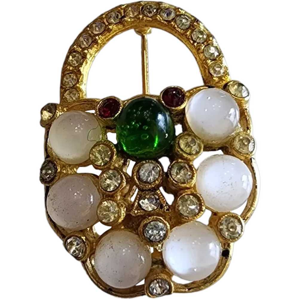 Vintage Glass Moonstone Lock Brooch [A1604] - image 1