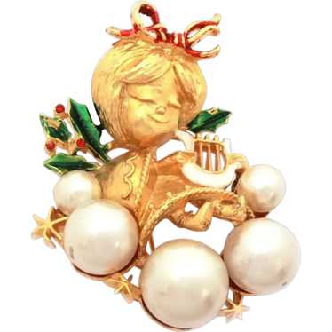 1970s Corel Christmas Angel Pin, Faux Pearl Clouds