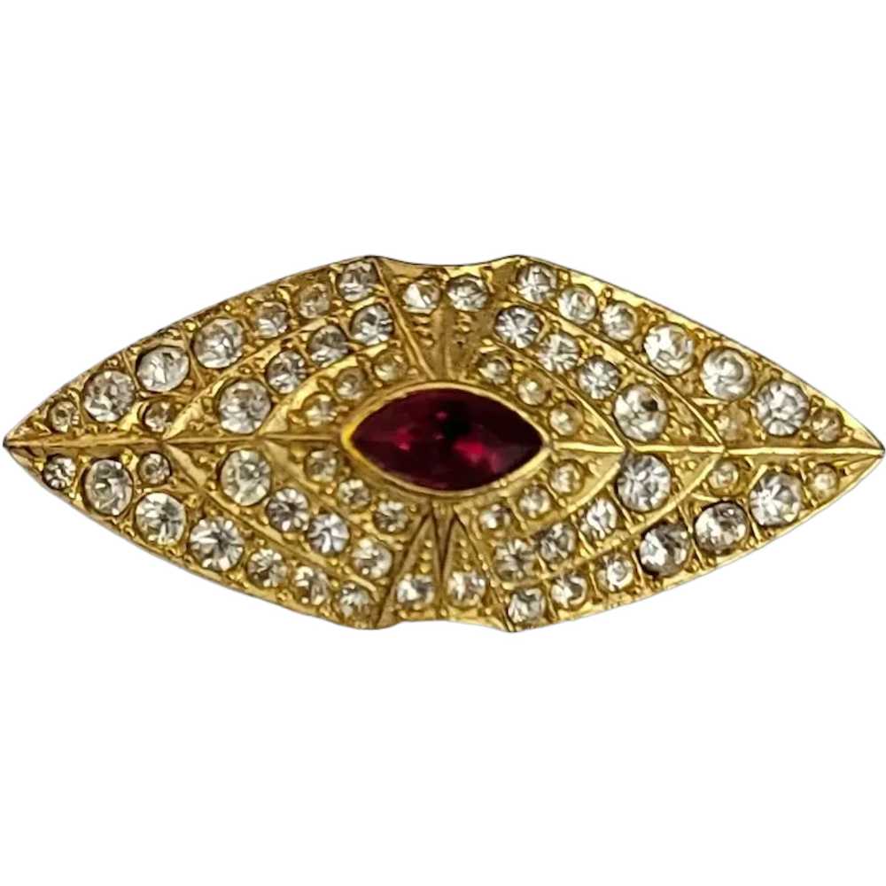 Sphinx Gold Tone Clear, Red Rhinestone Bar Brooch… - image 1