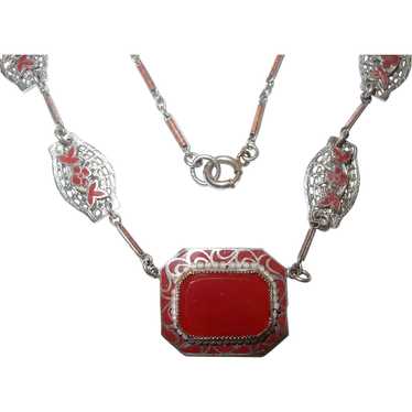 Art Deco Carnelian and Enameled Red Necklace - image 1