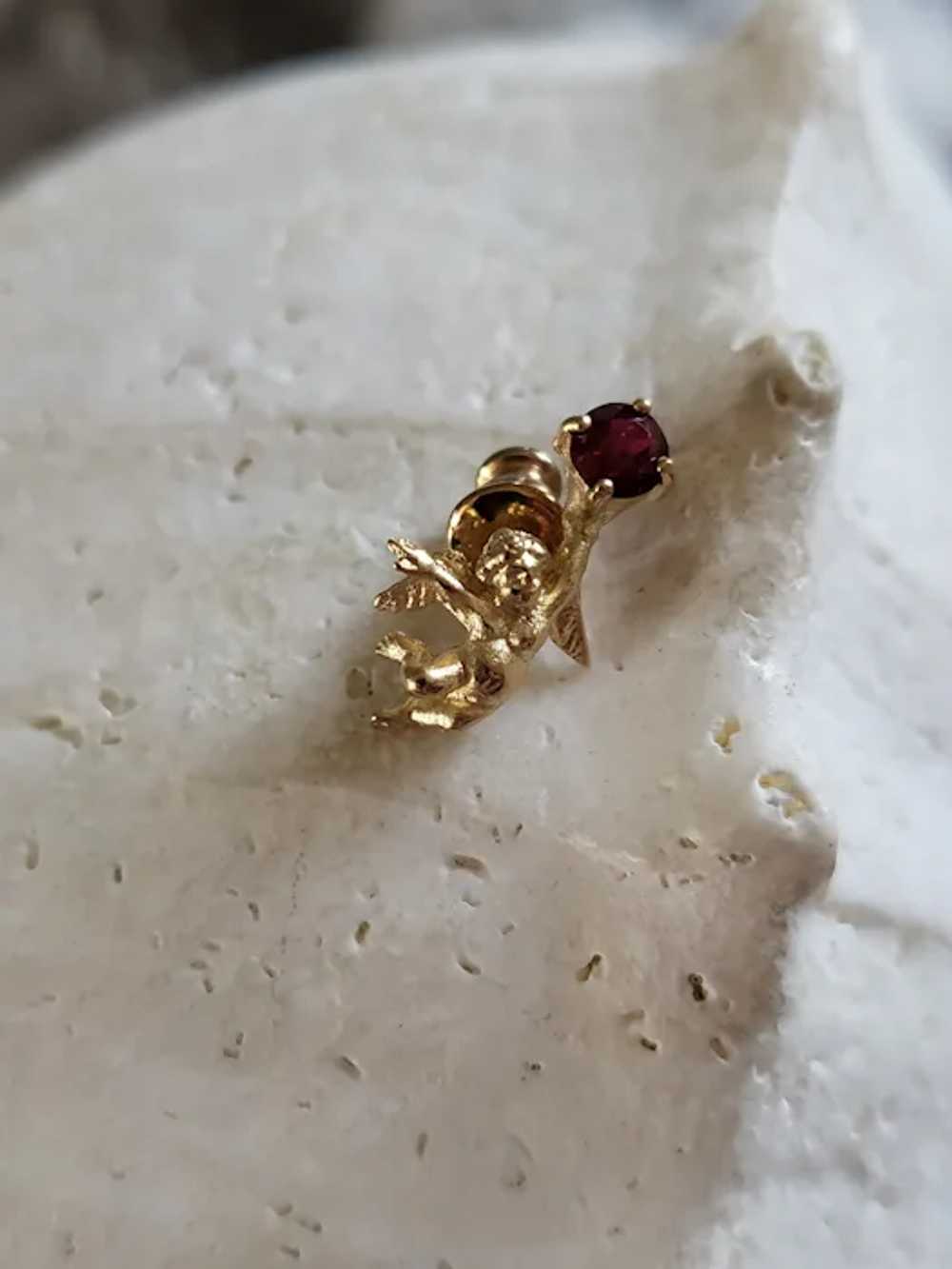 10K Gold Angel Lapel Pin w/Ruby Stone - image 2