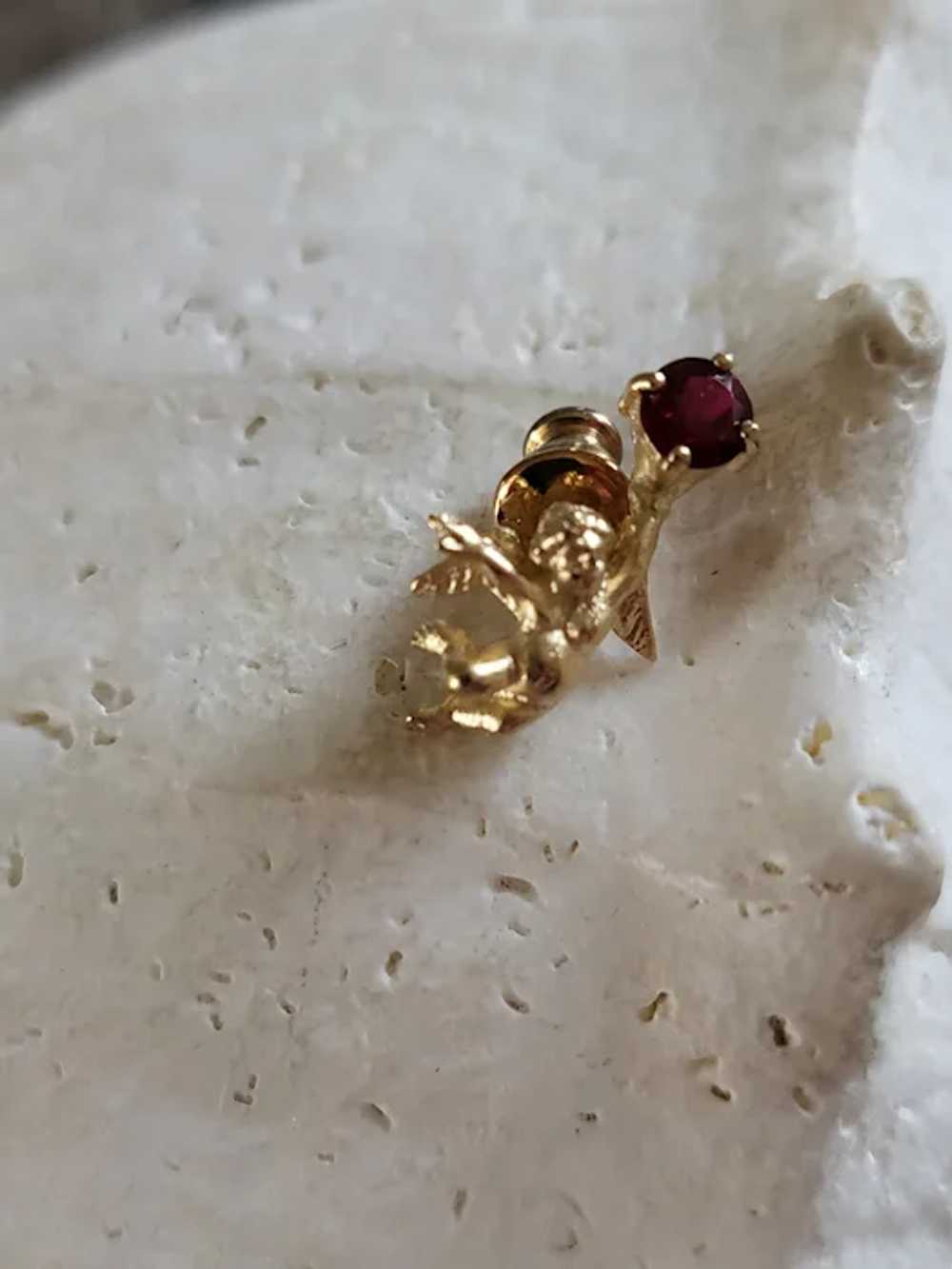 10K Gold Angel Lapel Pin w/Ruby Stone - image 3