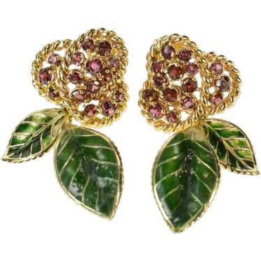 14K Ornate Ruby Green Enamel Cherry Cluster Earrin