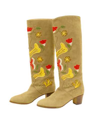 Tan Suede Floral Embroidery Boots - image 1
