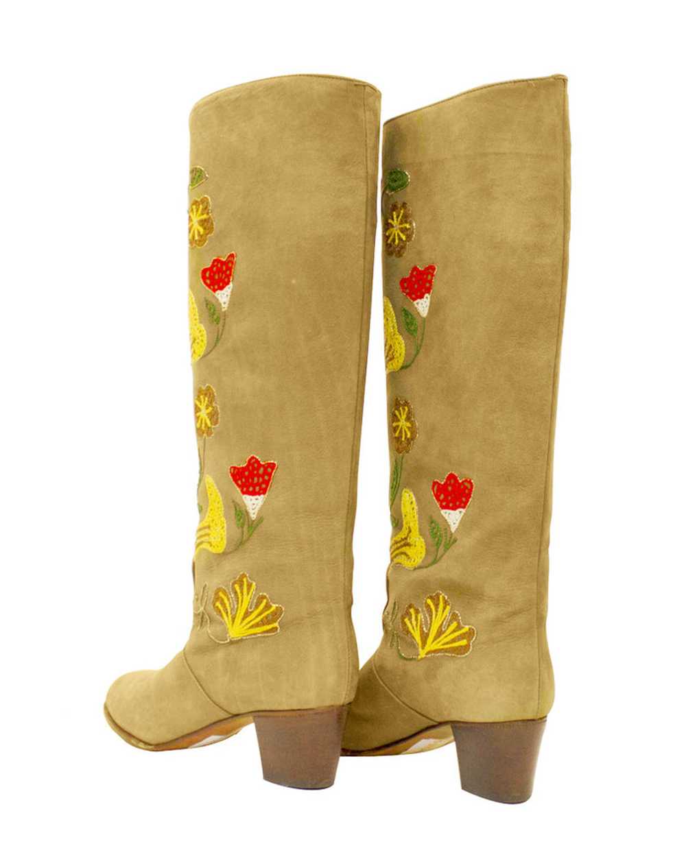 Tan Suede Floral Embroidery Boots - image 2