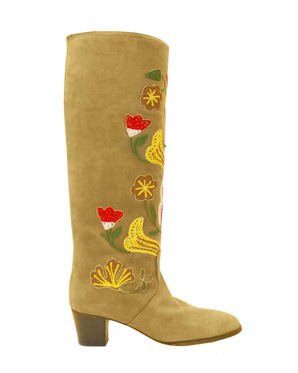 Tan Suede Floral Embroidery Boots - image 3