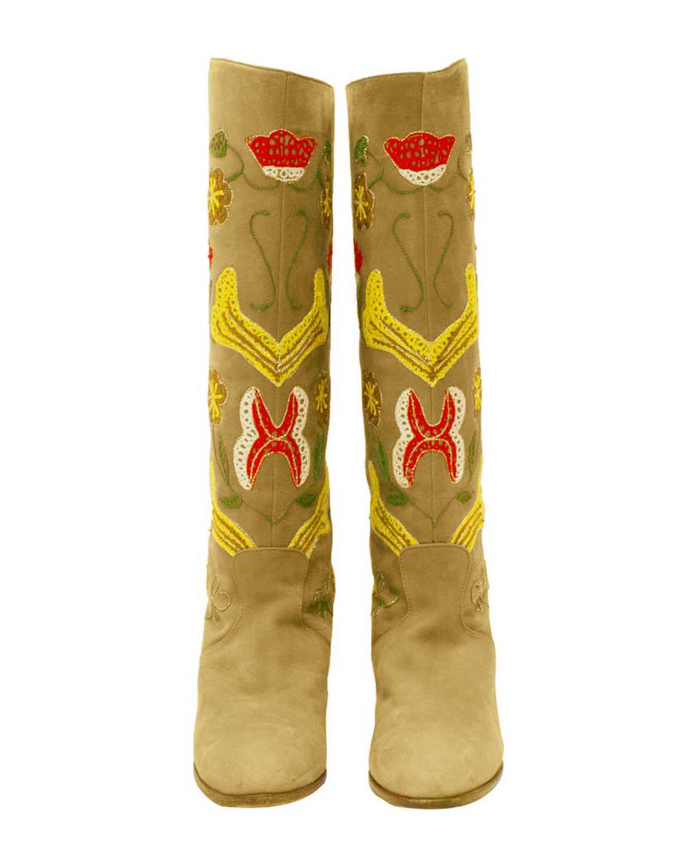 Tan Suede Floral Embroidery Boots - image 4