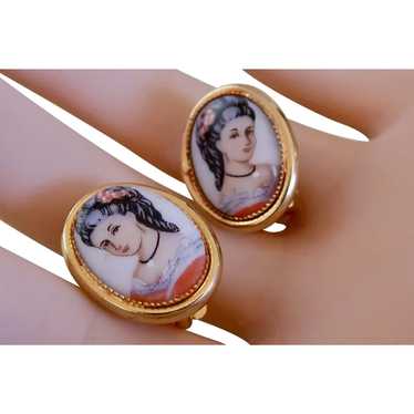 Vintage Clip On Oval Earrings With Lovely Hand Pa… - image 1