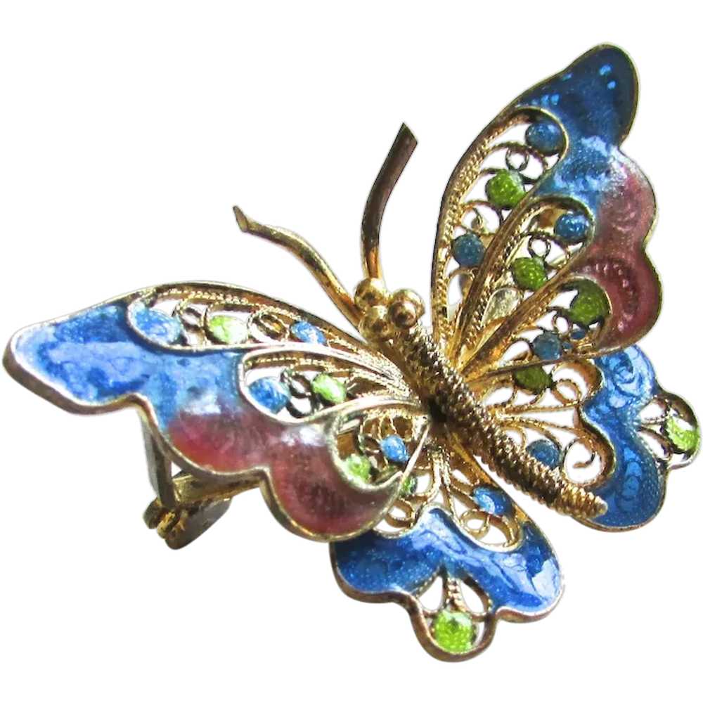 800 Silver Enamel Butterfly Brooch Pin Filigree - image 1