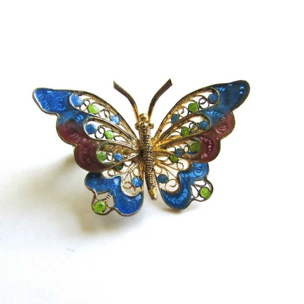 800 Silver Enamel Butterfly Brooch Pin Filigree - image 2