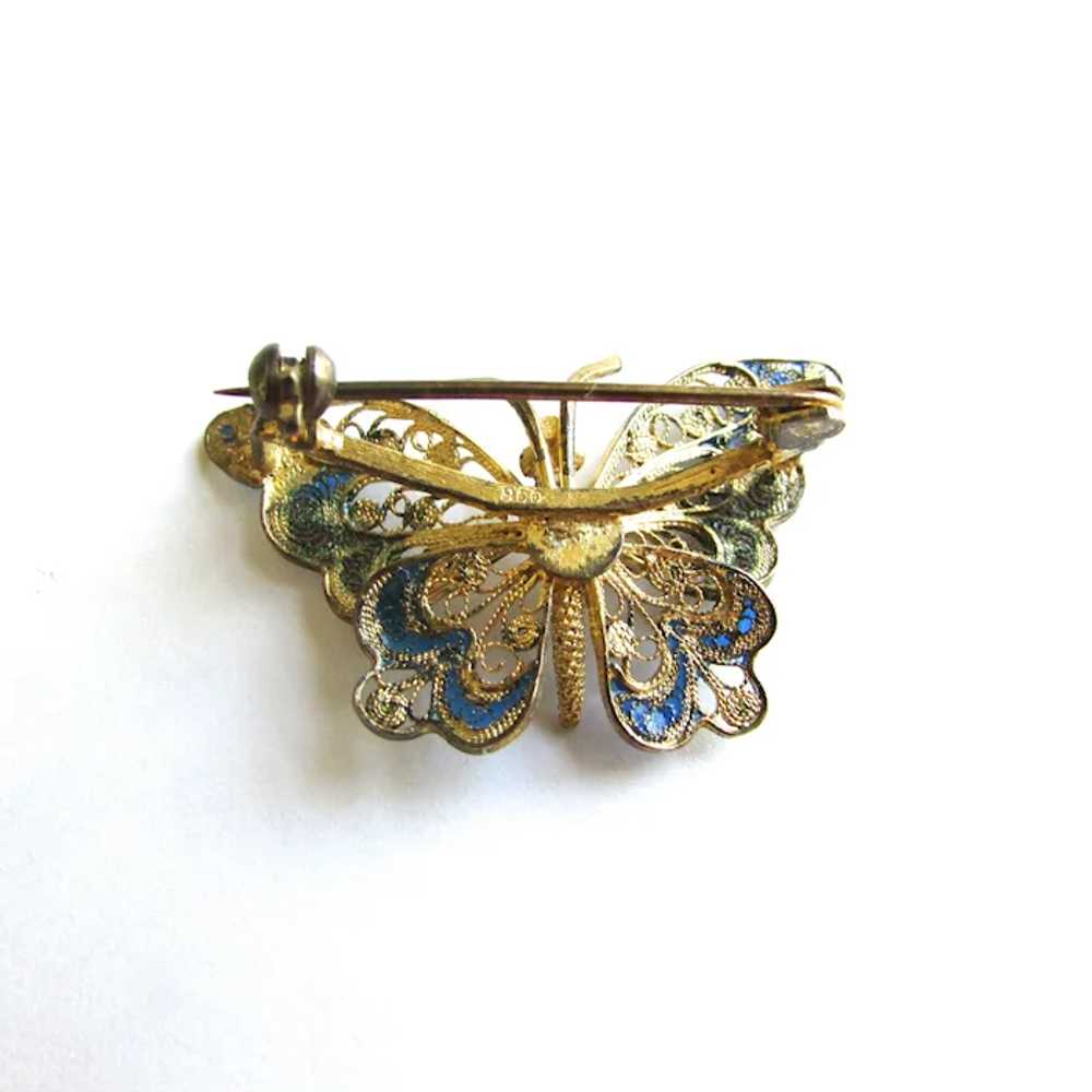 800 Silver Enamel Butterfly Brooch Pin Filigree - image 3